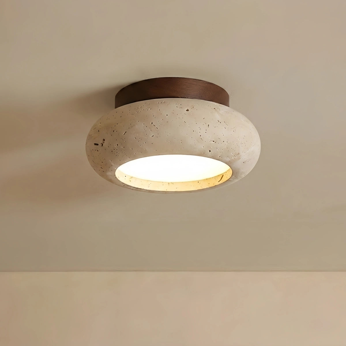 Strata Japanese Style Travertine Ceiling Light – Natural Wood Flush Mount for Living Room, Dining Room and Bedroom