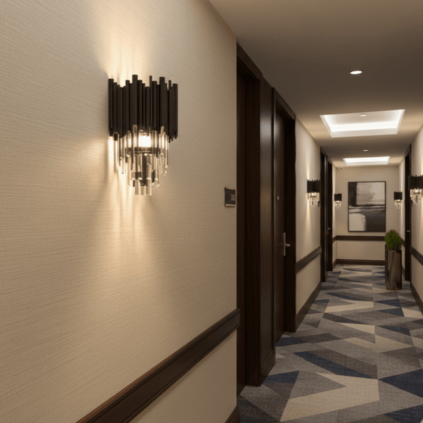 Excelis Luxury Obsidian Crystal Wall Sconce – Black Stainless Steel with Clear Crystals