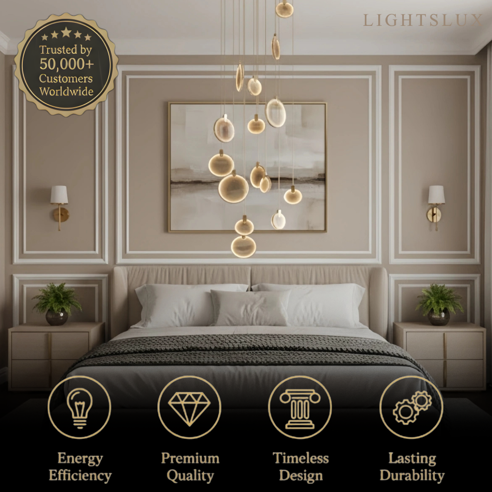 Excelis Modern Marble Orb Staircase Chandelier – Suspended Spheres on Stainless Steel Staircase