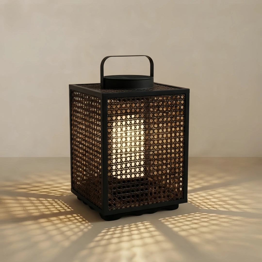 Bamburo Farmhouse Outdoor Floor Lamp -- Metal & Rattan Beige for Garden