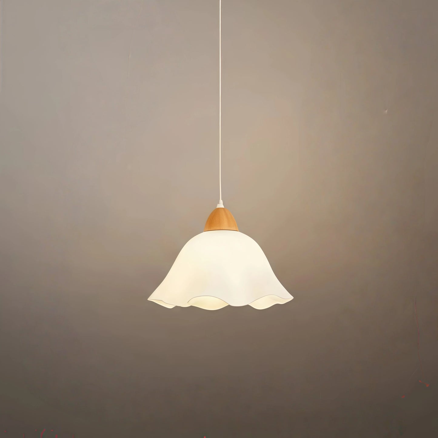 Lámpara colgante Crema - Diseño nórdico floral, madera blanca y acrílico con LED