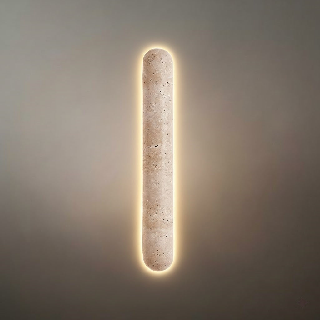 Travertine Pillar Wall Lamp — Slender Carved Stone with Back Glow