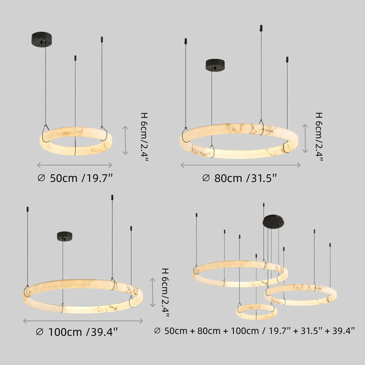 Modern Alabaster Ring Pendant Lamp — Hand-Carved Stone & Black Metal for Dining Room