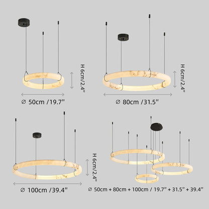 Modern Alabaster Ring Pendant Lamp — Hand-Carved Stone & Black Metal for Dining Room