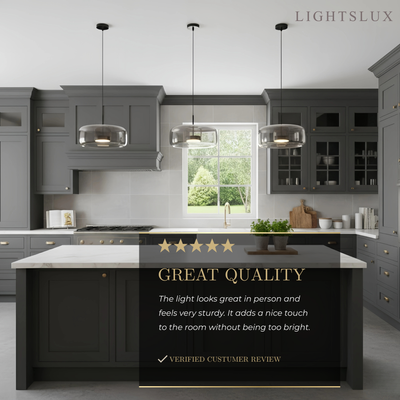 Vetro Modern Hand-Blown Pendant Lamp — Smoked Glass & Metal Accent for Kitchen Island
