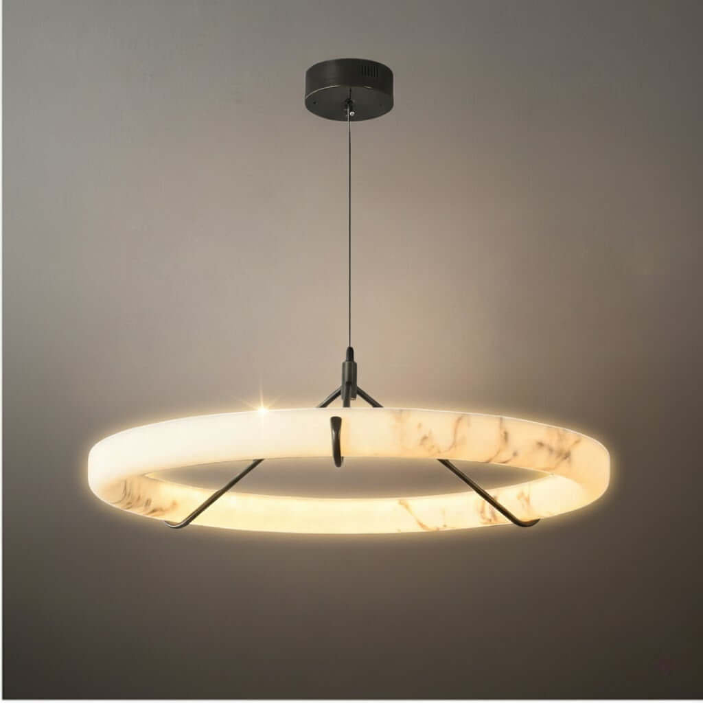 Modern Alabaster Ring Pendant Lamp — Hand-Carved Stone & Black Metal for Dining Room