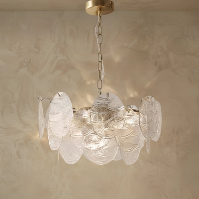 Modern Gold Chandelier — Rippled Wavy Glass Panels & Iron Frame for Living Room