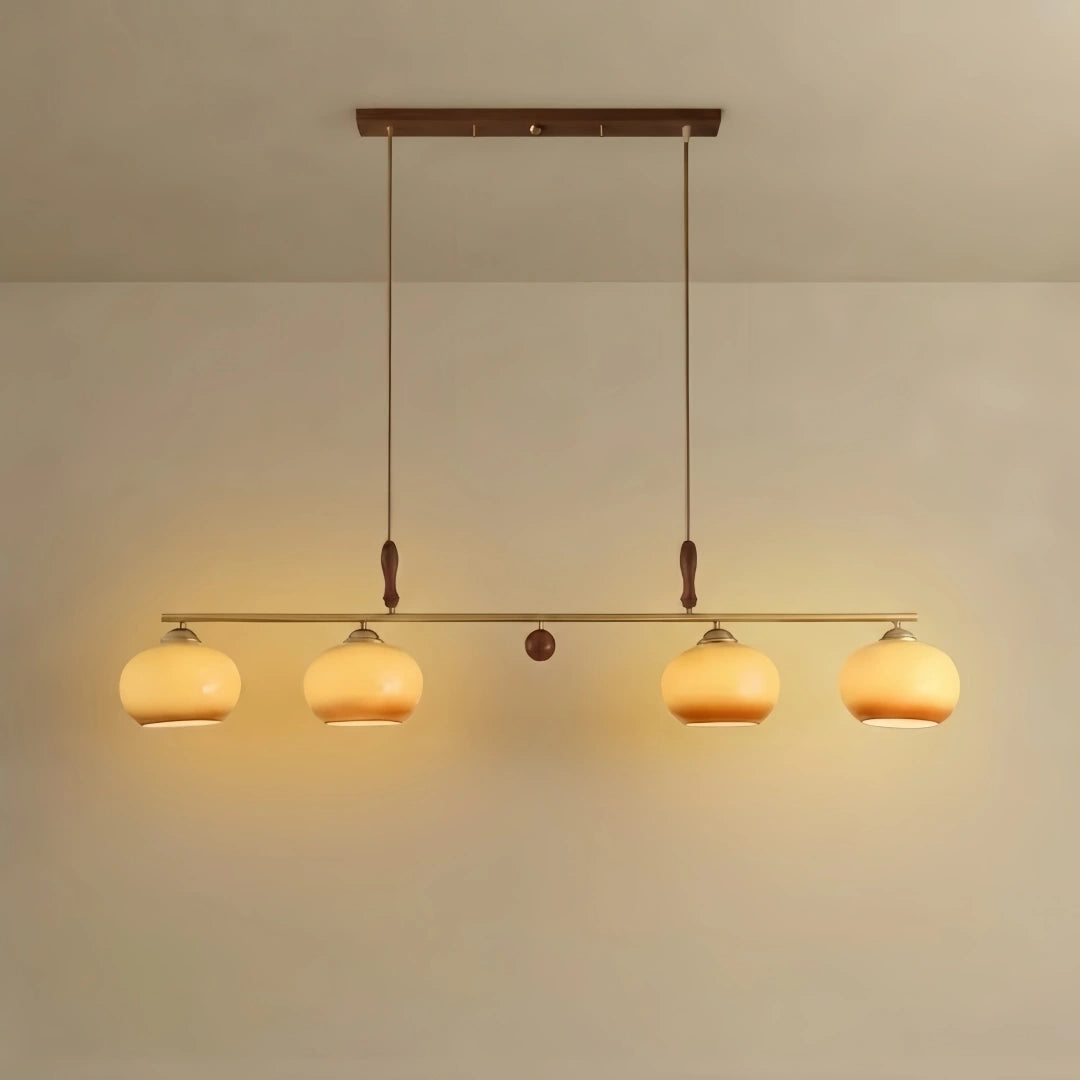 Modern Pendant Lamp — Amber Glass Shades & Brass Bar Wood Accent for Dining Table