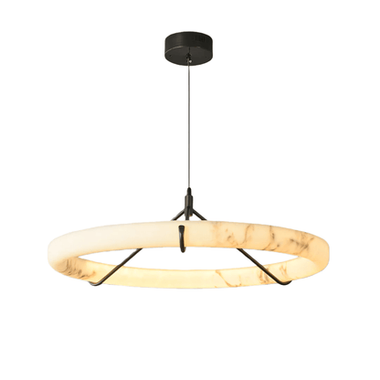 Modern Alabaster Ring Pendant Lamp — Hand-Carved Stone & Black Metal for Dining Room