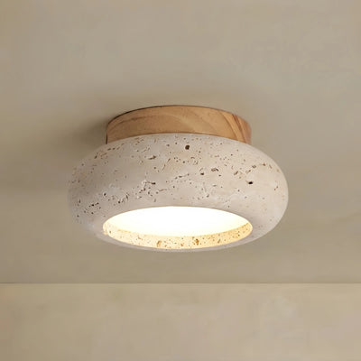 Strata Japanese Style Travertine Ceiling Light – Natural Wood Flush Mount for Living Room, Dining Room and Bedroom