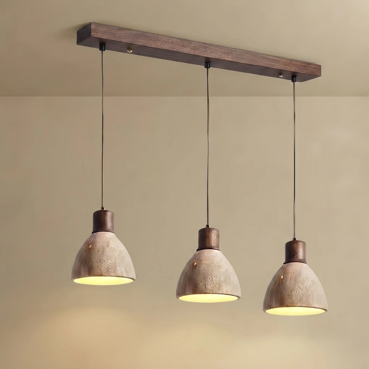 Strata Modern Organic Pendant Light — Travertine Stone & Wood Kitchen Island Lighting