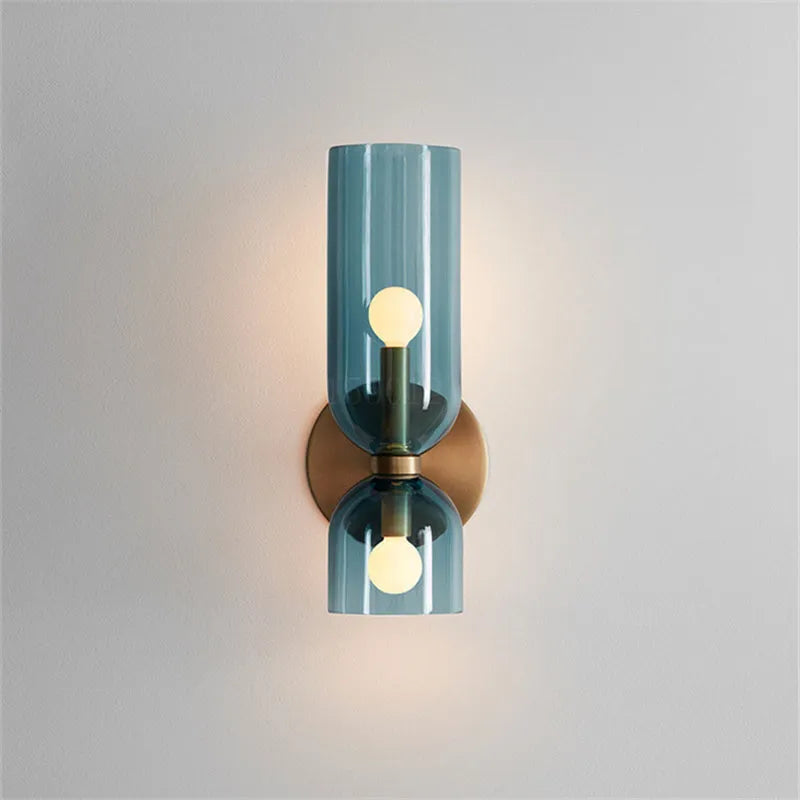Modern Glass Wall Lamp - White/Blue/Gray Cylindrical Double Head for Bedroom