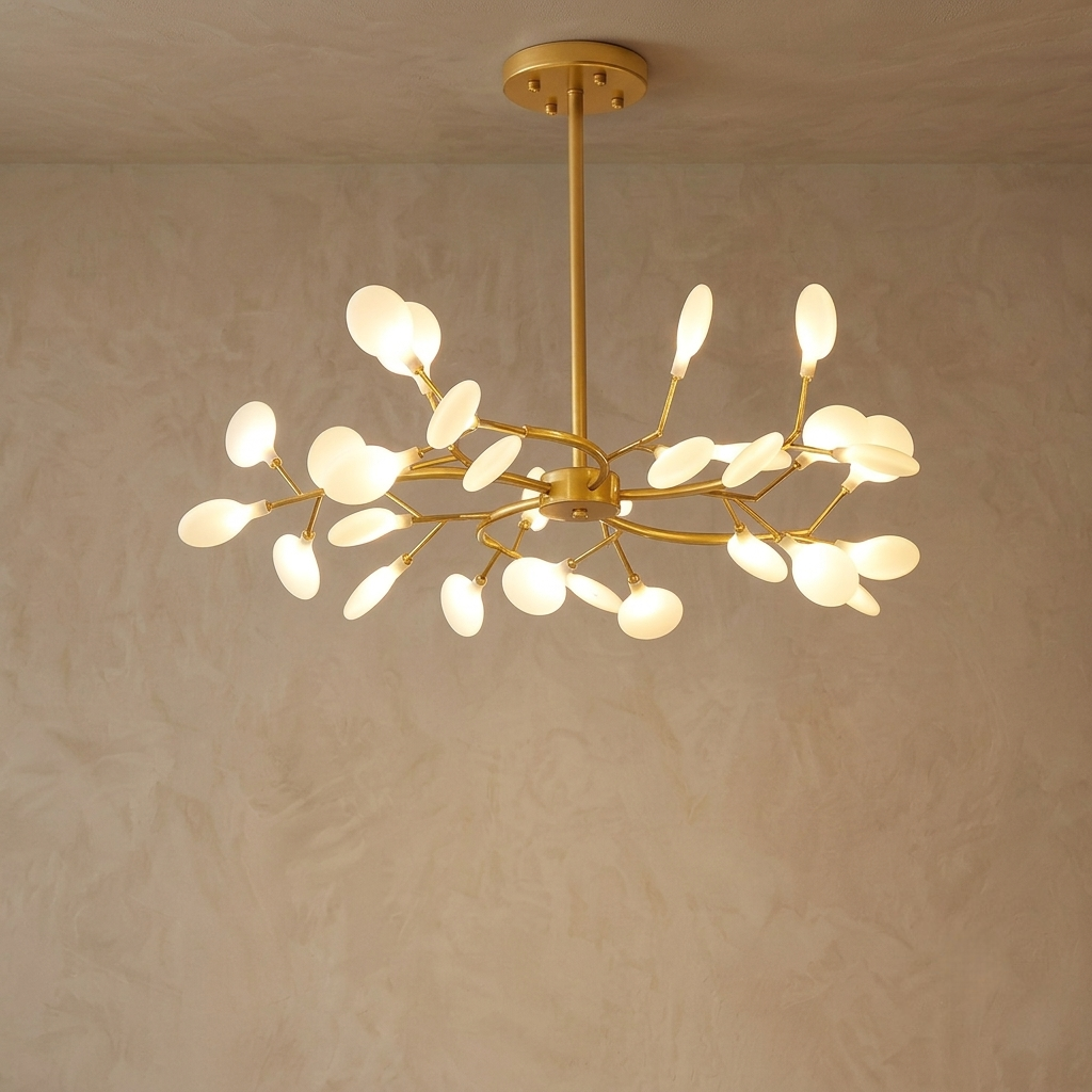 Lámpara de araña Excelis Art Déco - Diseño de ramas y luciérnagas en negro y dorado para comedor/sala de estar