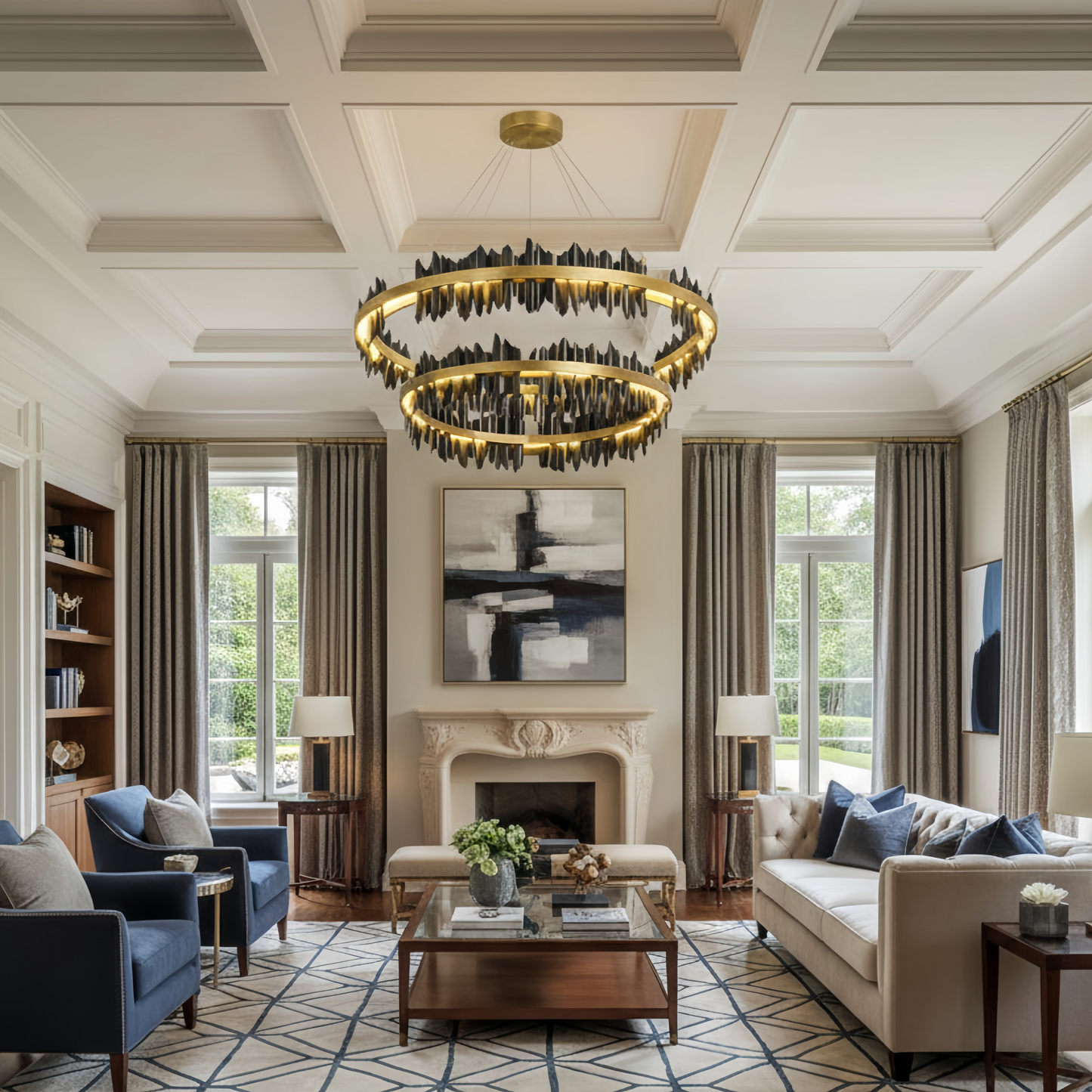 Excelis Dual-Ring Chandelier – Stainless Steel in Jet Black or Polished Gold for Living Room