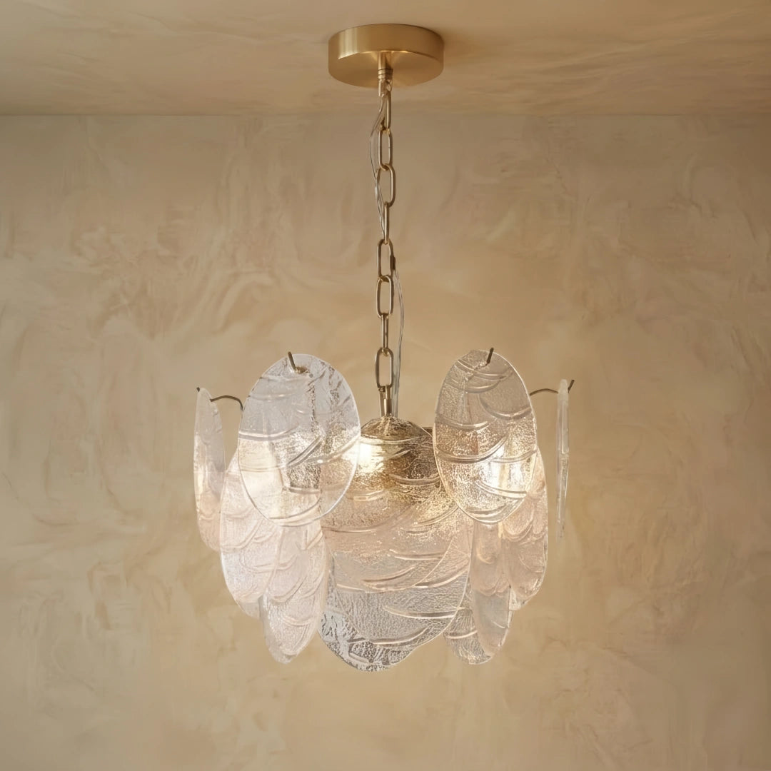 Modern Gold Chandelier — Rippled Wavy Glass Panels & Iron Frame for Living Room