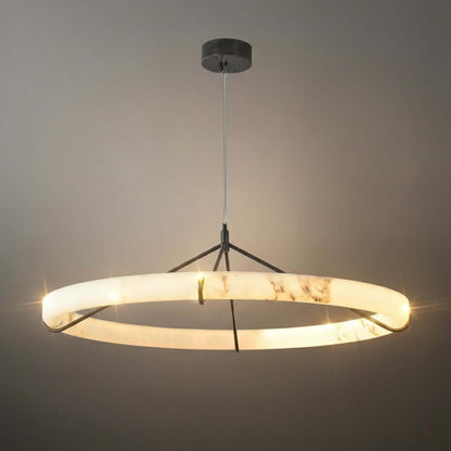 Modern Alabaster Ring Pendant Lamp — Hand-Carved Stone & Black Metal for Dining Room
