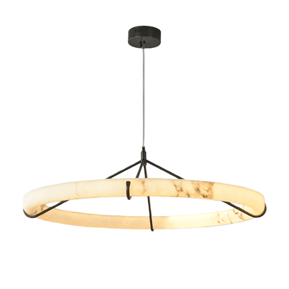 Modern Alabaster Ring Pendant Lamp — Hand-Carved Stone & Black Metal for Dining Room