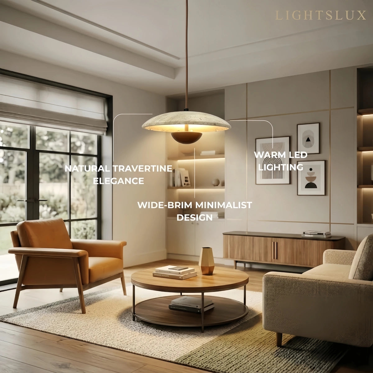 Lámpara Colgante Minimalista Strata – Travertino y Metal, Color Nogal/Madera para Interiores