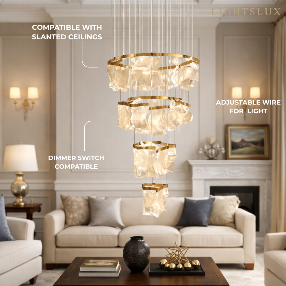Excelis Royal Leaf-Layered Chandelier – Acrylic in Metallic Gold or Black Ash Dimmable