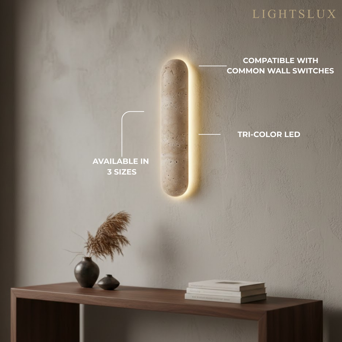 Travertine Pillar Wall Lamp — Slender Carved Stone with Back Glow