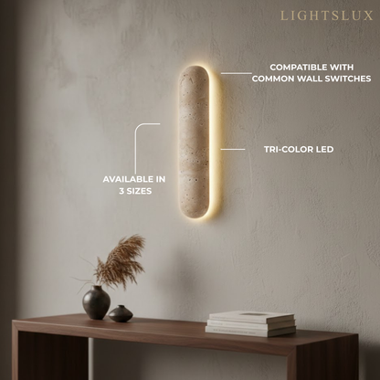 Travertine Pillar Wall Lamp — Slender Carved Stone with Back Glow