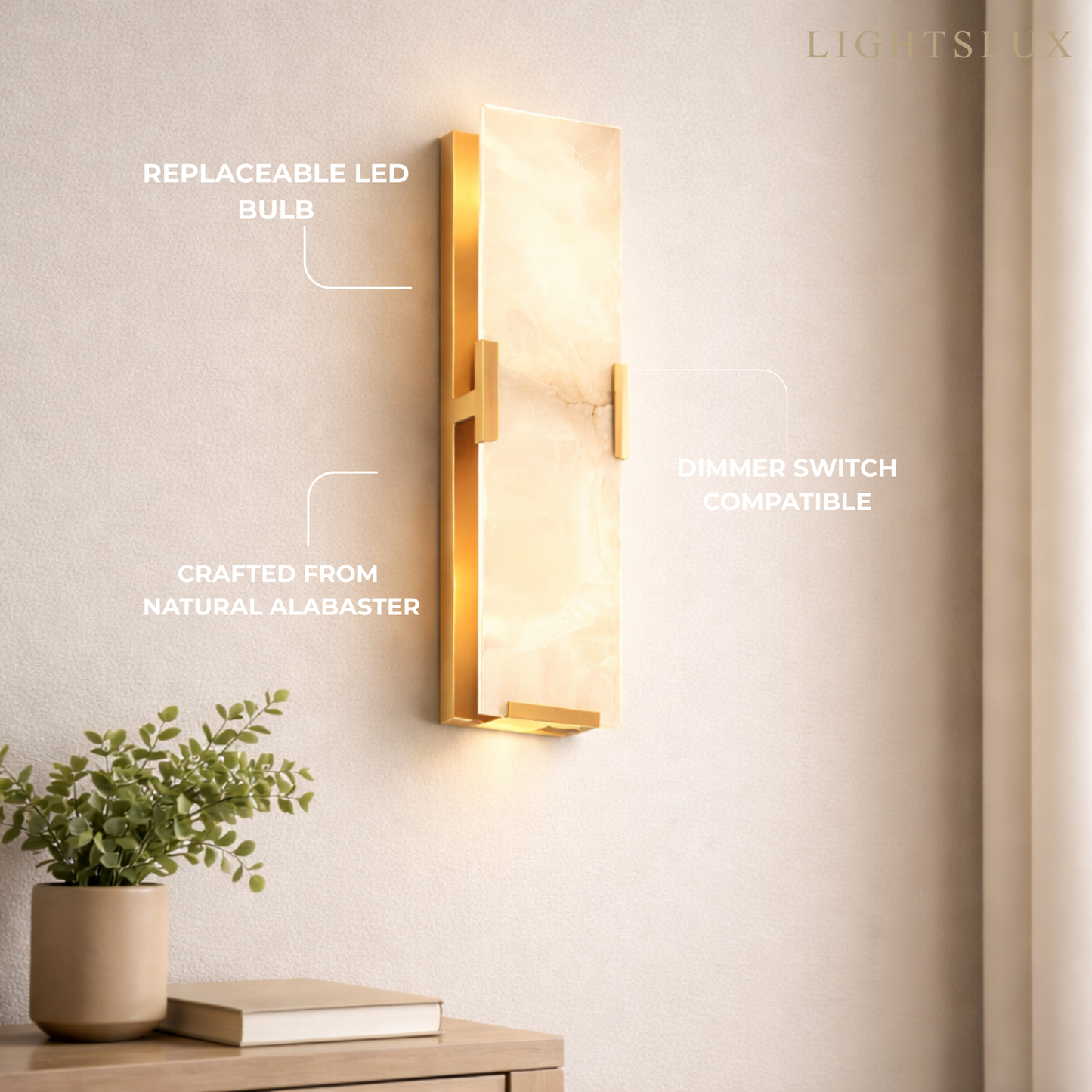Modern Faceted Alabaster Wall Sconce – Brushed Gold Stainless Steel Backplate Indoor