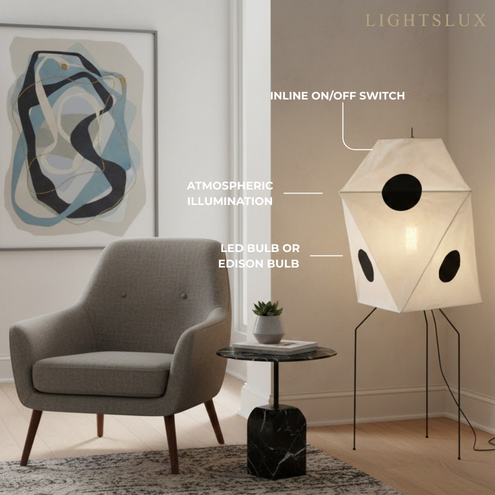 Japanese Rice Paper Floor Lamp — Translucent Angled Shade & Black Metal Frame