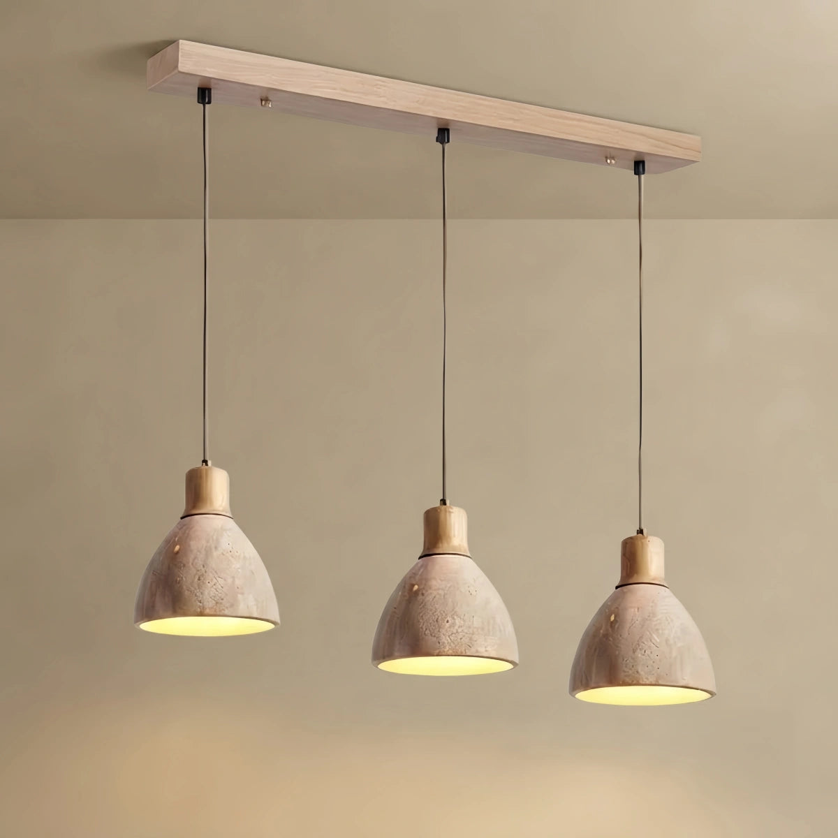 Strata Modern Organic Pendant Light — Travertine Stone & Wood Kitchen Island Lighting