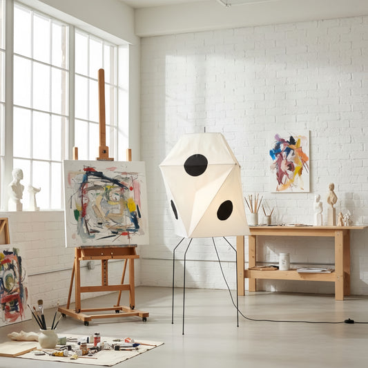 Japanese Rice Paper Floor Lamp — Translucent Angled Shade & Black Metal Frame