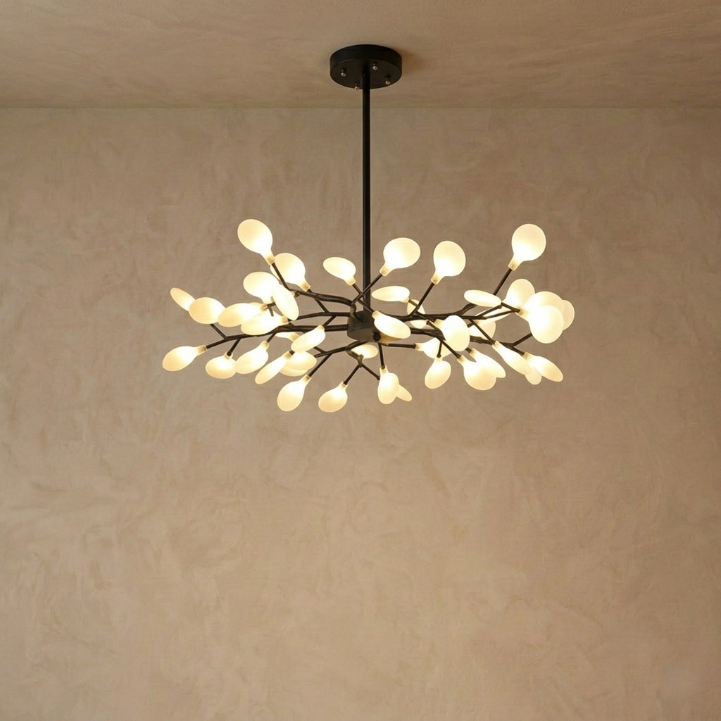 Lámpara de araña Excelis Art Déco - Diseño de ramas y luciérnagas en negro y dorado para comedor/sala de estar