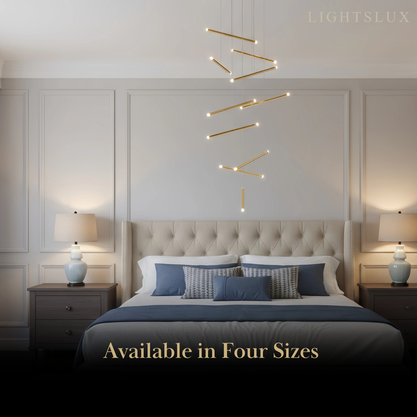 Nebula Luxury Flowing Gold Chandelier – Metallic Acrylic Rods Sculptural Cascade for Staircase