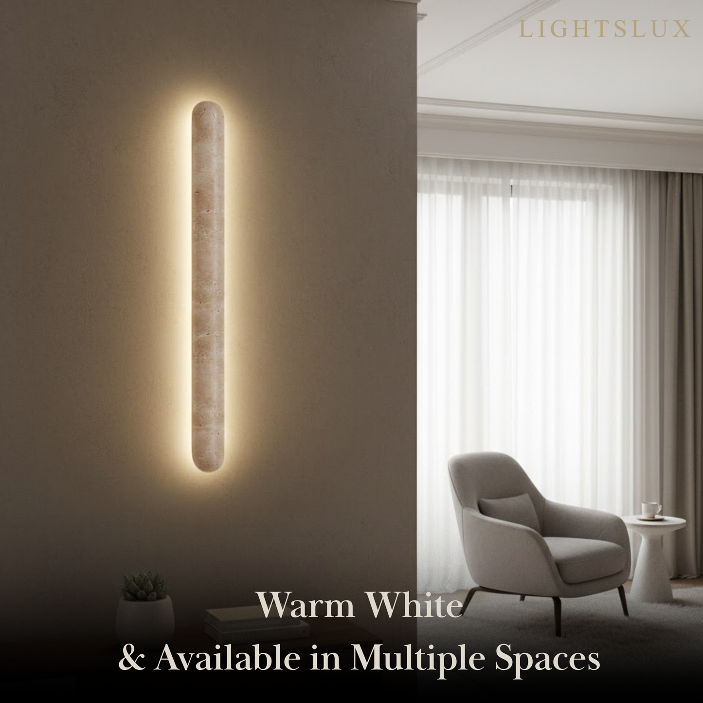 Travertine Pillar Wall Lamp — Slender Carved Stone with Back Glow