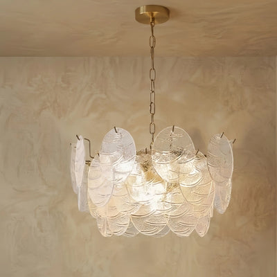 Modern Gold Chandelier — Rippled Wavy Glass Panels & Iron Frame for Living Room