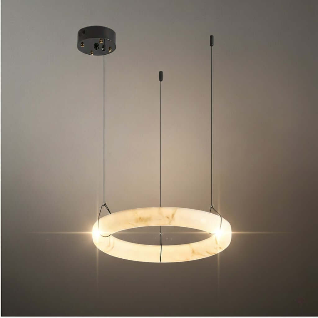 Modern Alabaster Ring Pendant Lamp — Hand-Carved Stone & Black Metal for Dining Room
