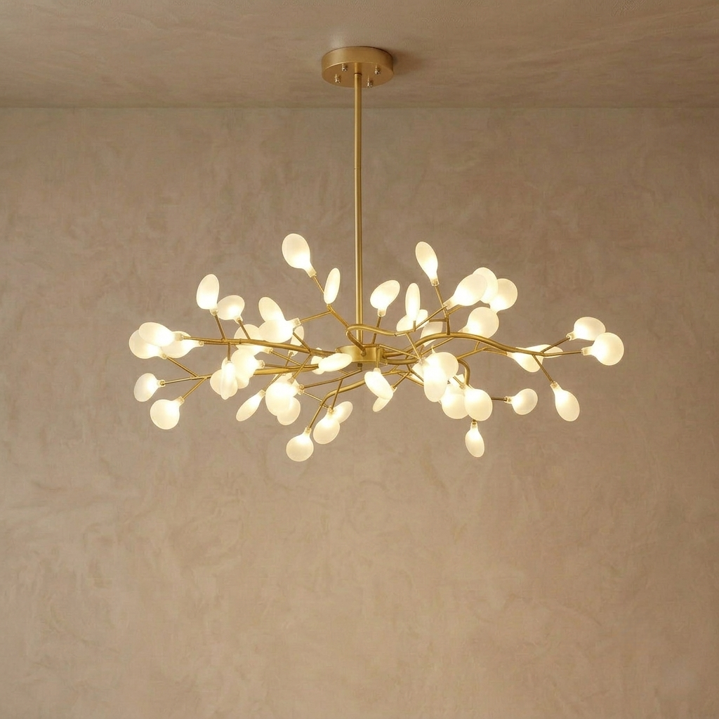 Lámpara de araña Excelis Art Déco - Diseño de ramas y luciérnagas en negro y dorado para comedor/sala de estar