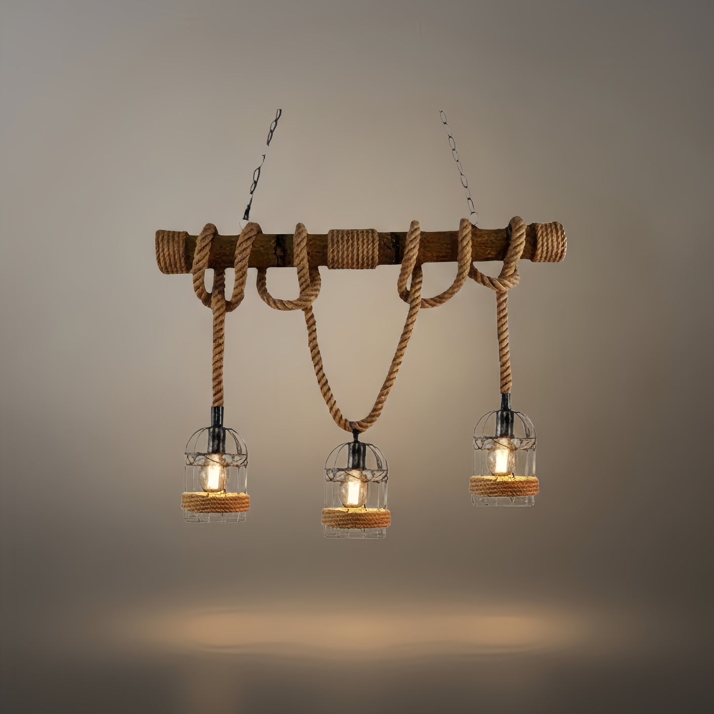 Irondale Vintage 3-Light Pendant Lamp – Wood & Rope Design for Dining Room