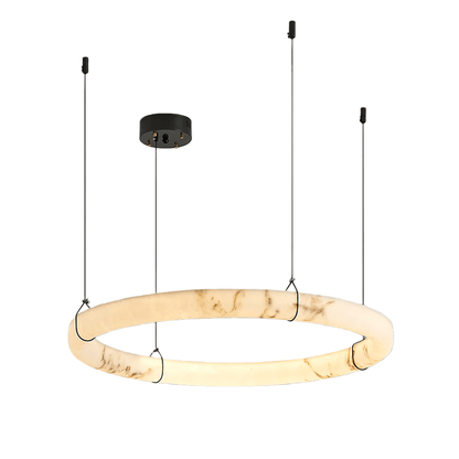 Modern Alabaster Ring Pendant Lamp — Hand-Carved Stone & Black Metal for Dining Room