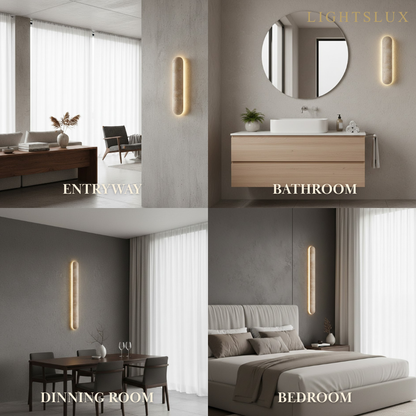 Travertine Pillar Wall Lamp — Slender Carved Stone with Back Glow