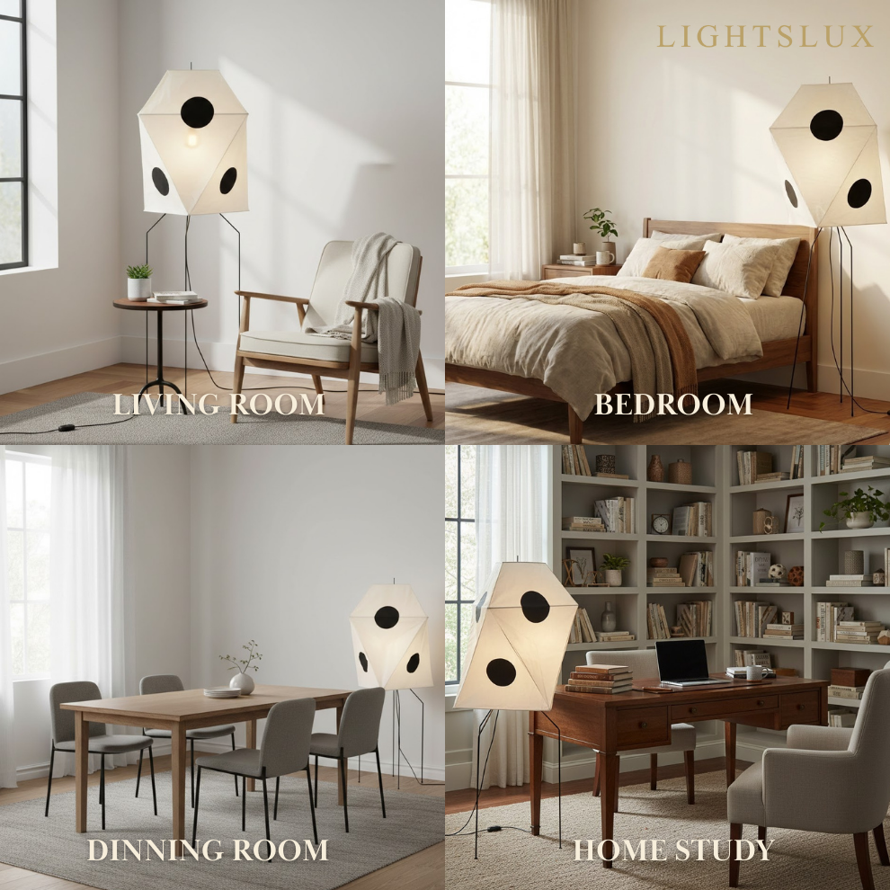 Japanese Rice Paper Floor Lamp — Translucent Angled Shade & Black Metal Frame