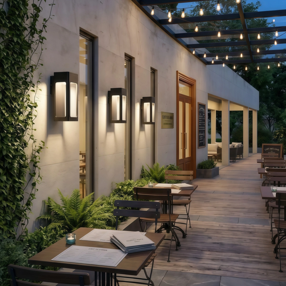 Aplique de pared moderno para exteriores Irondale – Linterna metálica con sensor para pared exterior