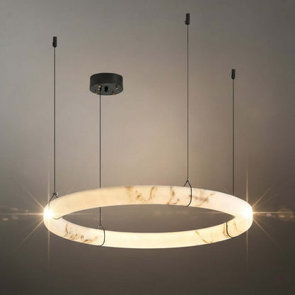 Modern Alabaster Ring Pendant Lamp — Hand-Carved Stone & Black Metal for Dining Room