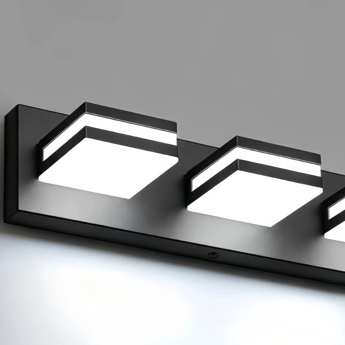 Arcato Modern 3-Light Bathroom Vanity – Cube Acrylic Shades on Matte Black Bathroom