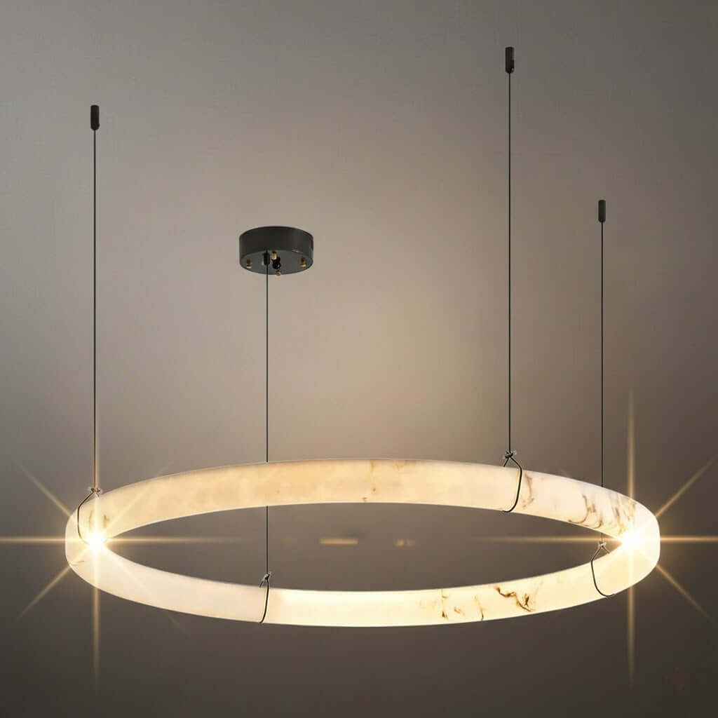 Modern Alabaster Ring Pendant Lamp — Hand-Carved Stone & Black Metal for Dining Room