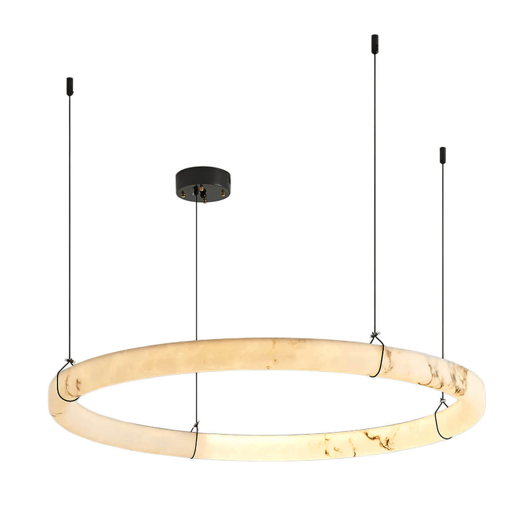 Modern Alabaster Ring Pendant Lamp — Hand-Carved Stone & Black Metal for Dining Room