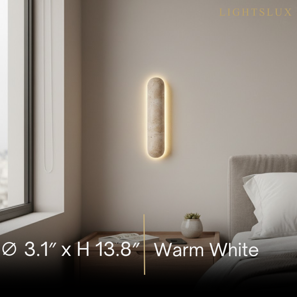 Travertine Pillar Wall Lamp — Slender Carved Stone with Back Glow