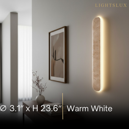 Travertine Pillar Wall Lamp — Slender Carved Stone with Back Glow