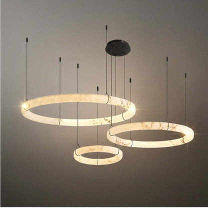 Modern Alabaster Ring Pendant Lamp — Hand-Carved Stone & Black Metal for Dining Room