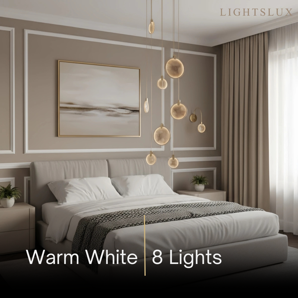 Excelis Modern Marble Orb Staircase Chandelier – Suspended Spheres on Stainless Steel Staircase