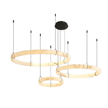 Modern Alabaster Ring Pendant Lamp — Hand-Carved Stone & Black Metal for Dining Room