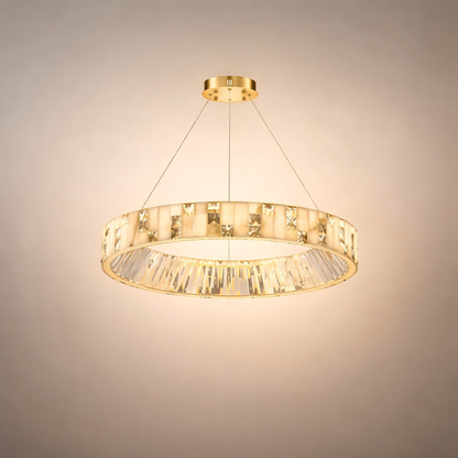 Excelis Modern Layered Alabaster Ring Chandelier – Brushed Gold Stainless Steel Framea